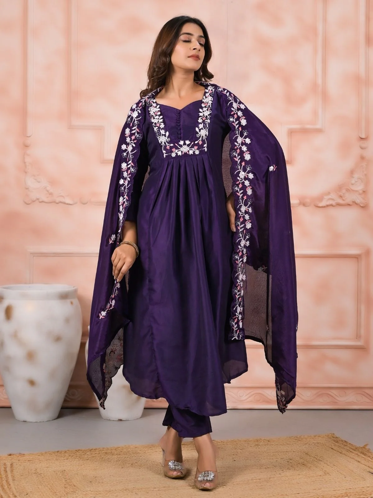 Odette Purple Viscose Rayon Embroidered Stitched Kurta Set For Women - Image 2