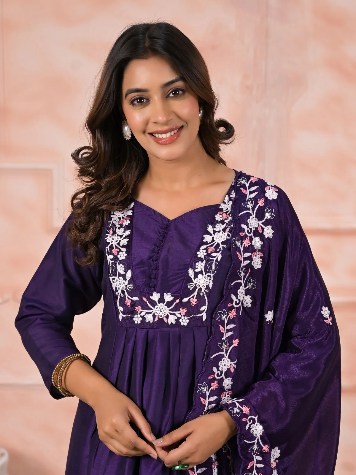 Odette Purple Viscose Rayon Embroidered Stitched Kurta Set For Women - Image 4
