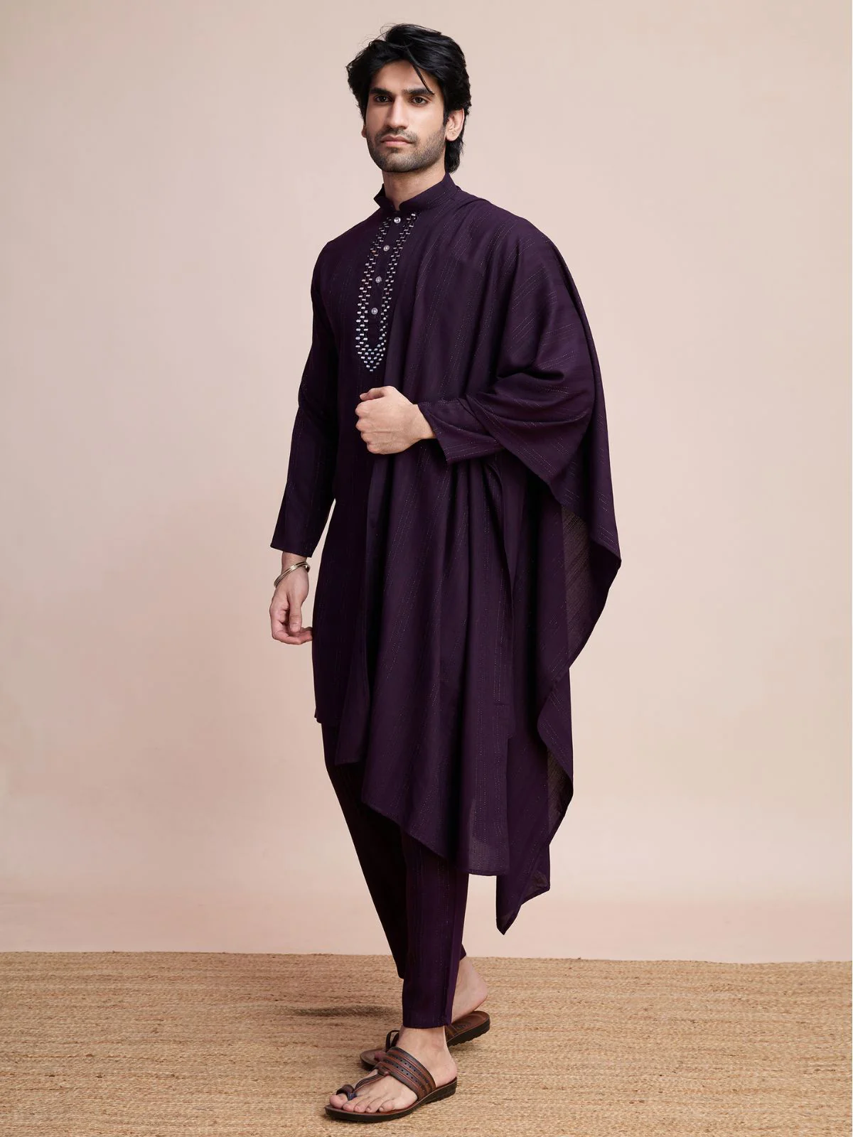 Odette Purple Viscose Rayon Mirror Work Stitched Kurta Set For Men - Image 4