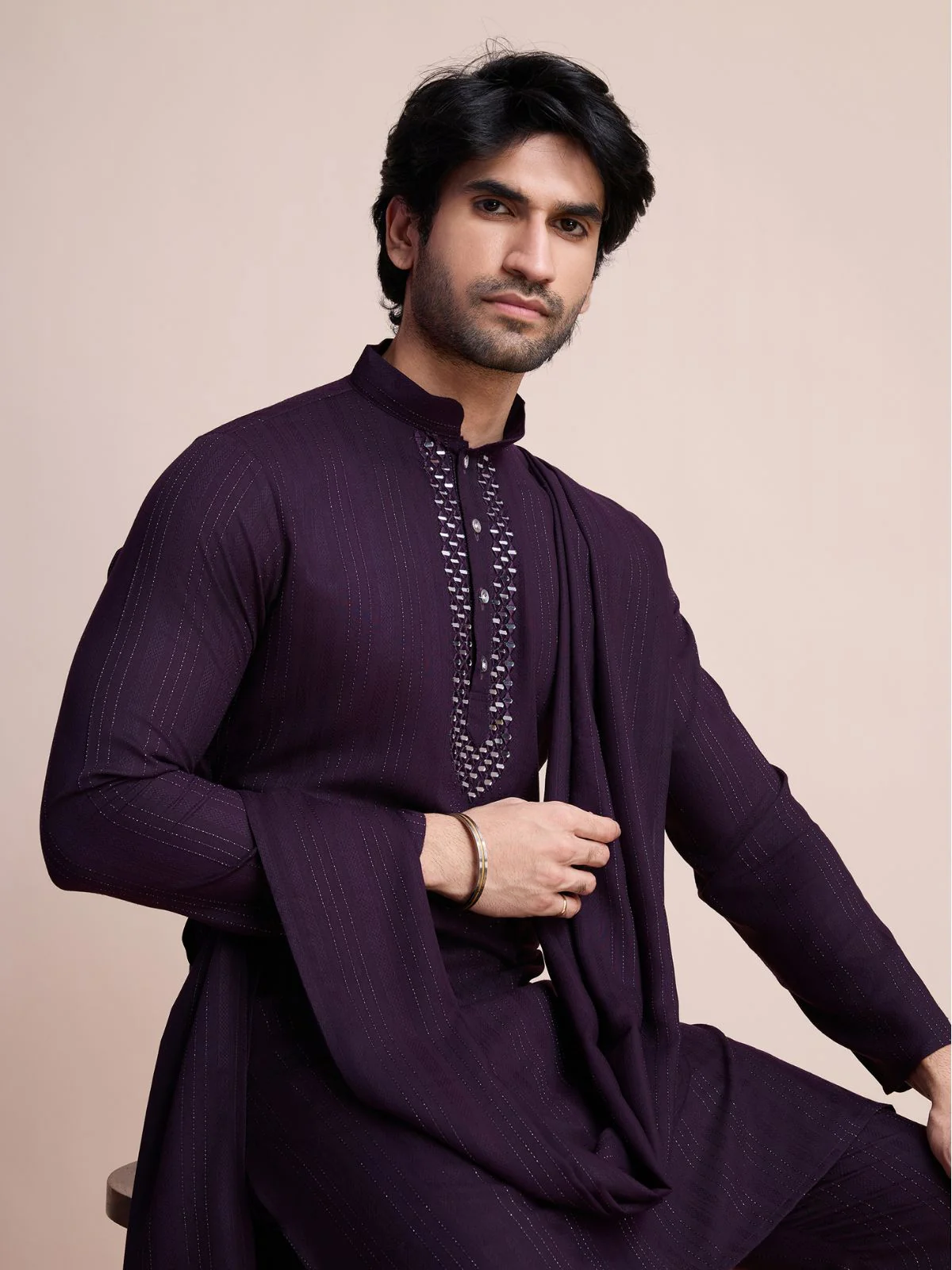 Odette Purple Viscose Rayon Mirror Work Stitched Kurta Set For Men - Image 6