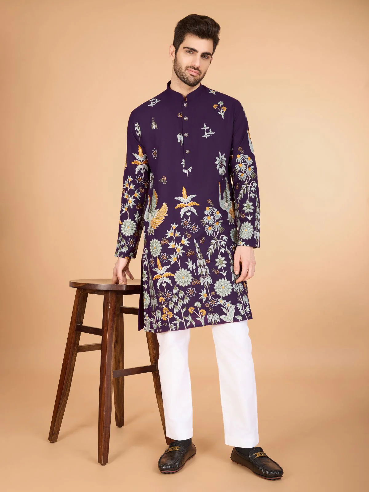 Odette Purple Viscose Rayon Stitched Kurta For Men - Image 2