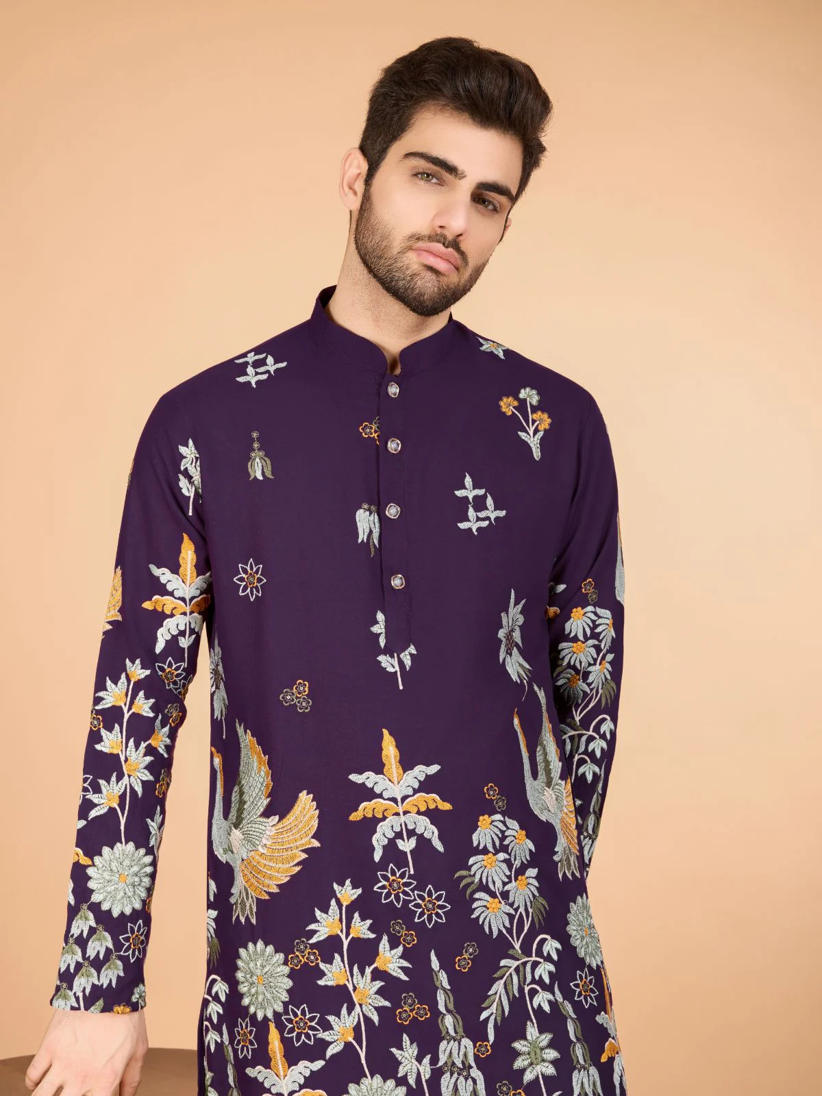 Odette Purple Viscose Rayon Stitched Kurta For Men - Image 6
