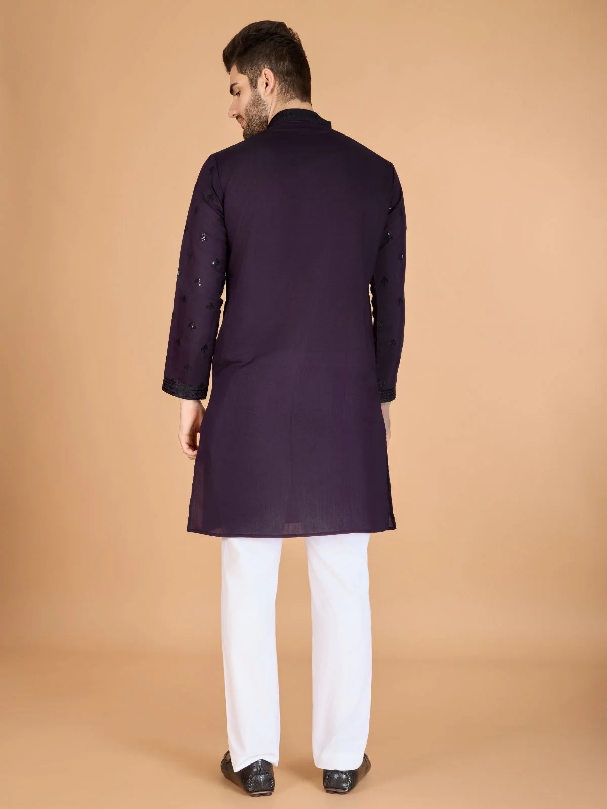Odette Purple Viscose Silk Embellished Stitched Kurta For Men - Image 3