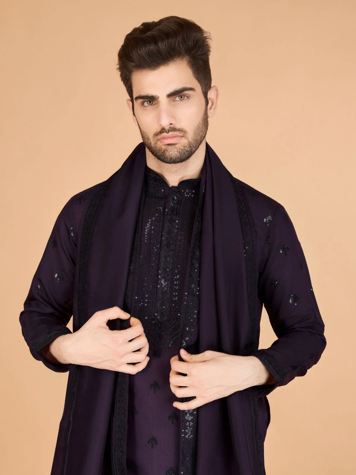 Odette Purple Viscose Silk Embellished Stitched Kurta For Men - Image 4