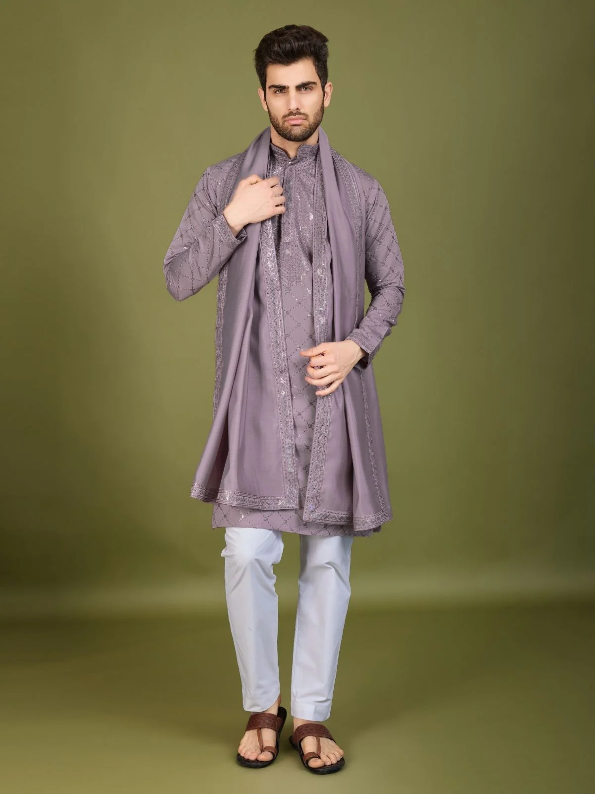 Odette Purple Viscose Silk Embellished Stitched Kurta For Men - Image 2