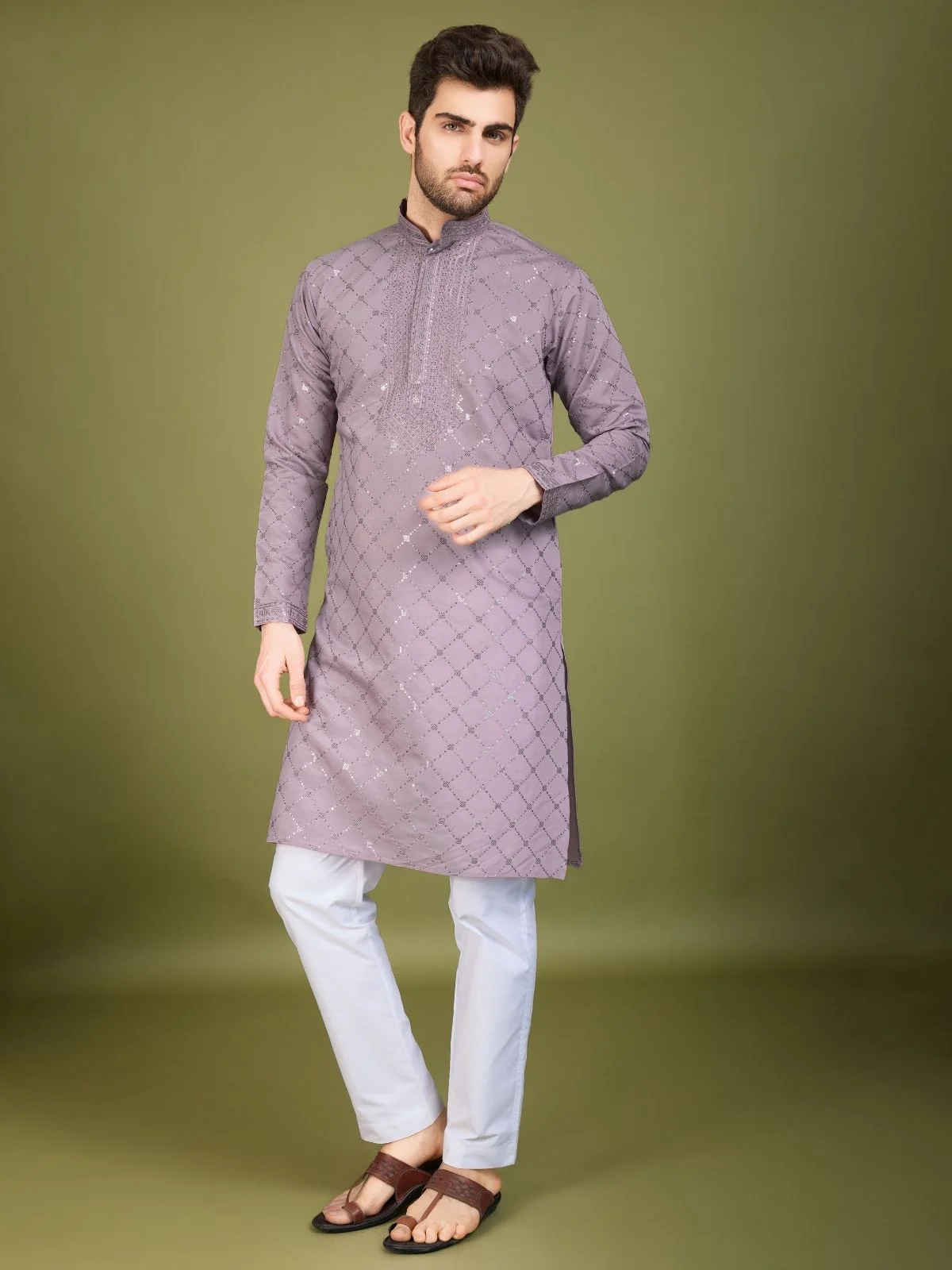 Odette Purple Viscose Silk Embellished Stitched Kurta For Men - Image 3