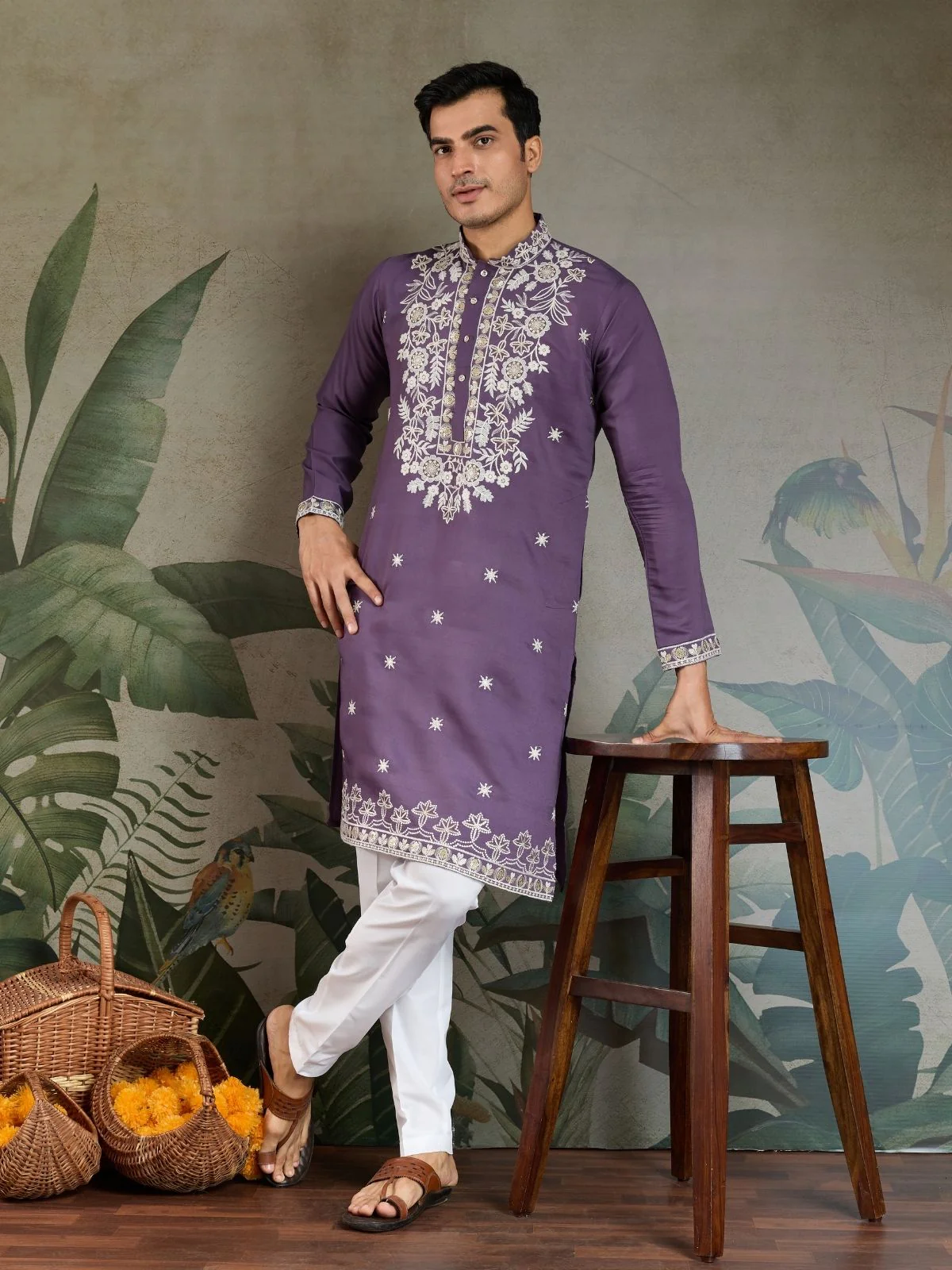 Odette Purple Viscose Silk Embroidered Stitched Kurta For Men - Image 2