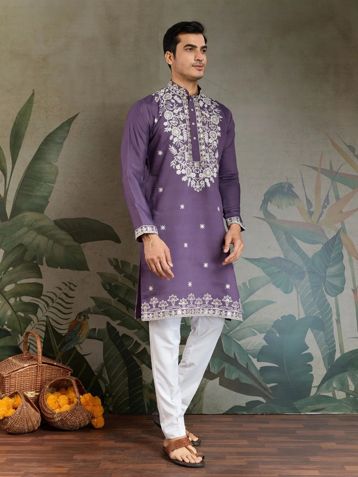 Odette Purple Viscose Silk Embroidered Stitched Kurta For Men - Image 3
