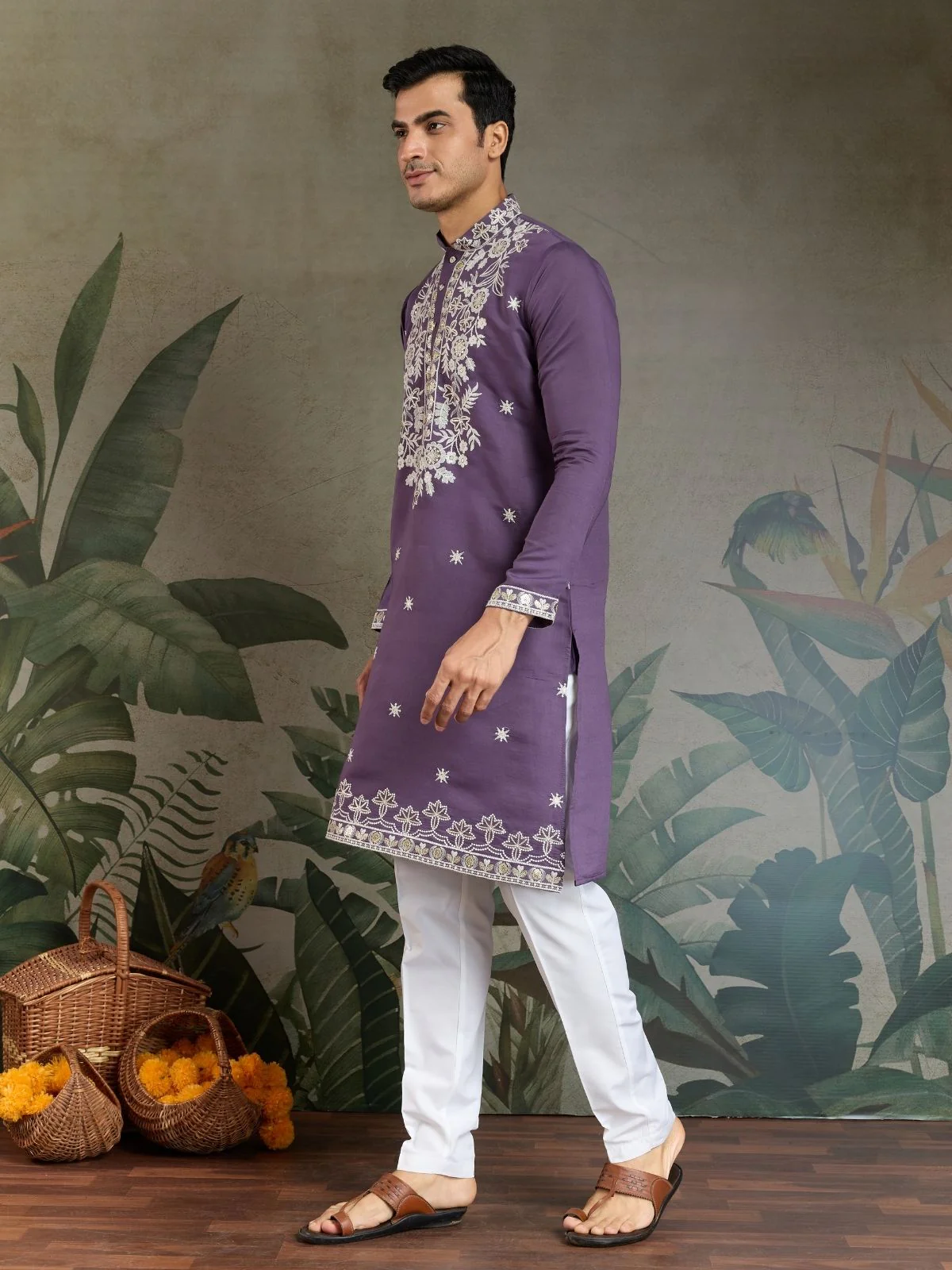 Odette Purple Viscose Silk Embroidered Stitched Kurta For Men - Image 4