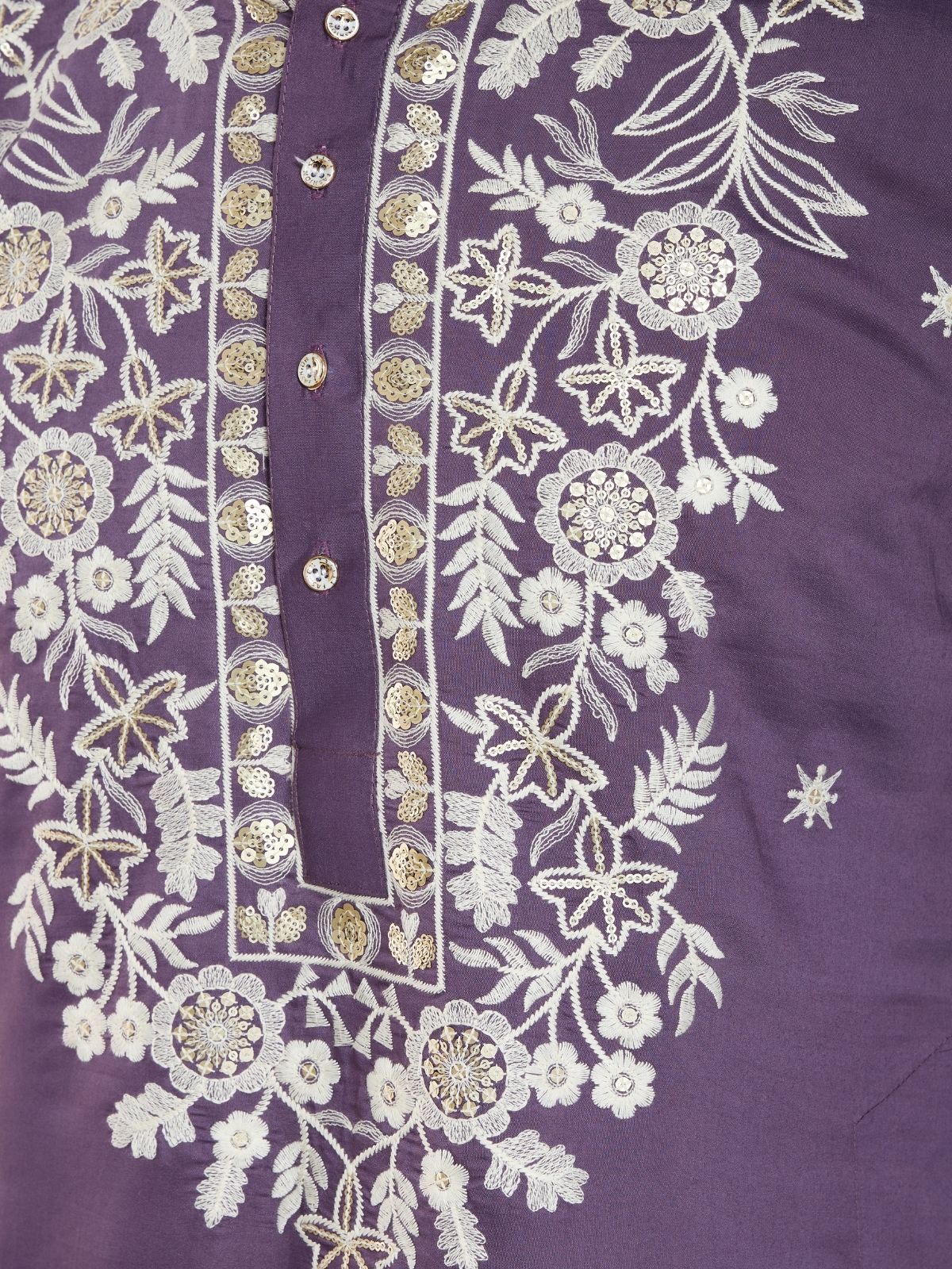 Odette Purple Viscose Silk Embroidered Stitched Kurta For Men - Image 7