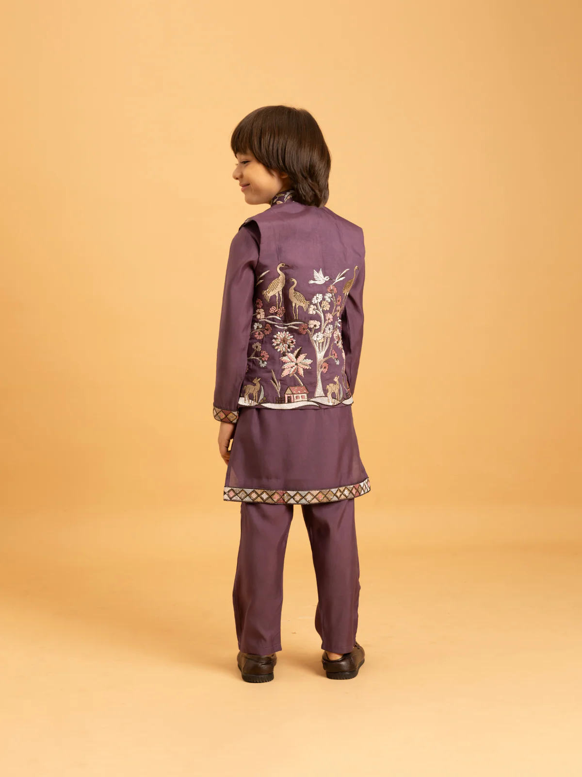 Odette Purple Viscose Silk Embroidered Stitched Kurta Set For Kids - Image 4