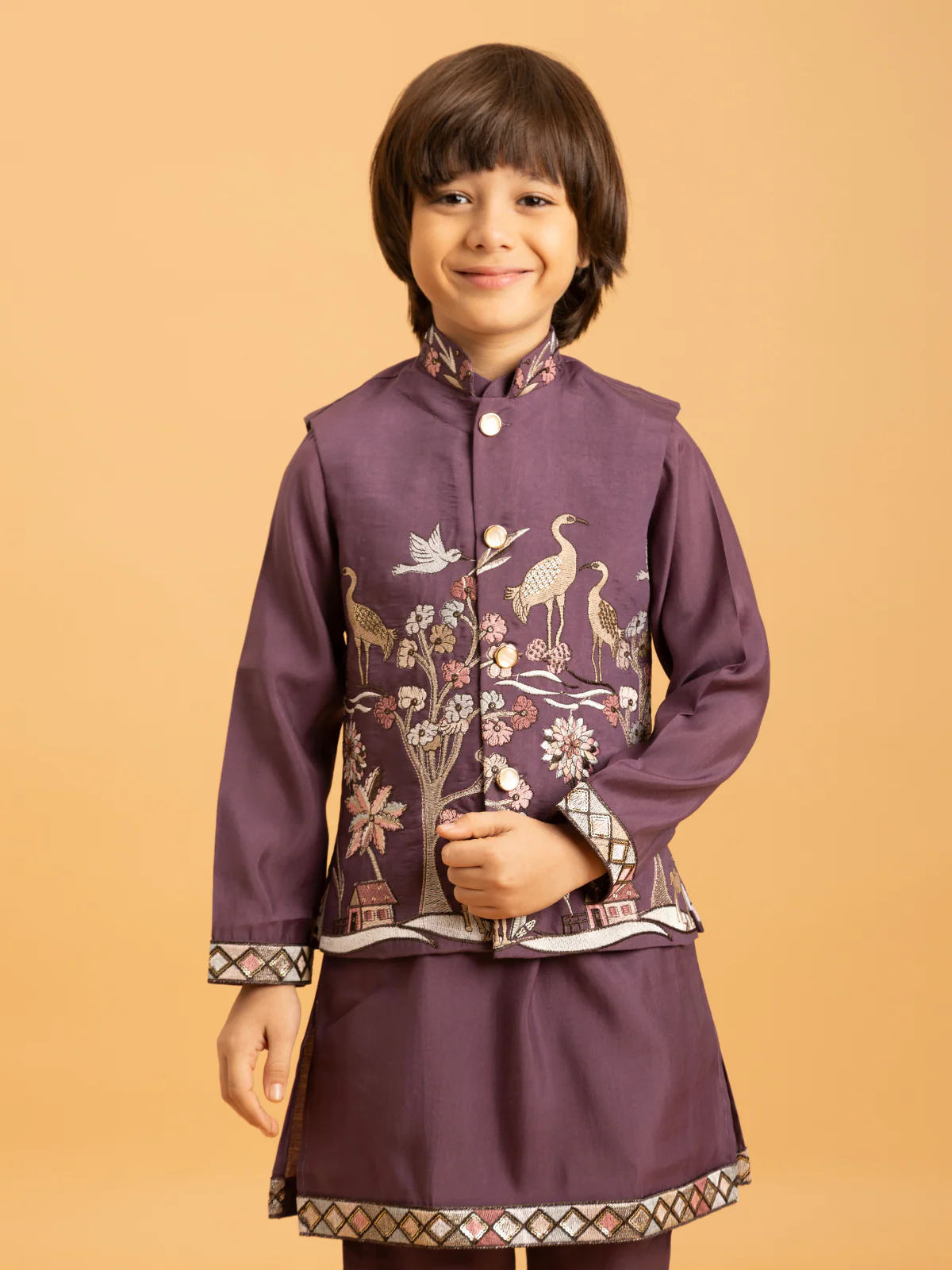 Odette Purple Viscose Silk Embroidered Stitched Kurta Set For Kids - Image 5
