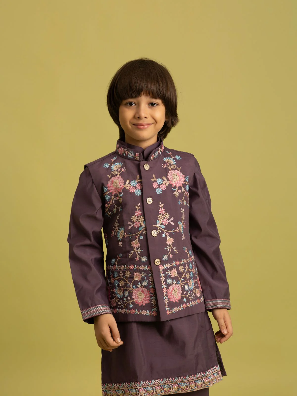 Odette Purple Viscose Silk Embroidered Stitched Kurta Set For Kids - Image 5