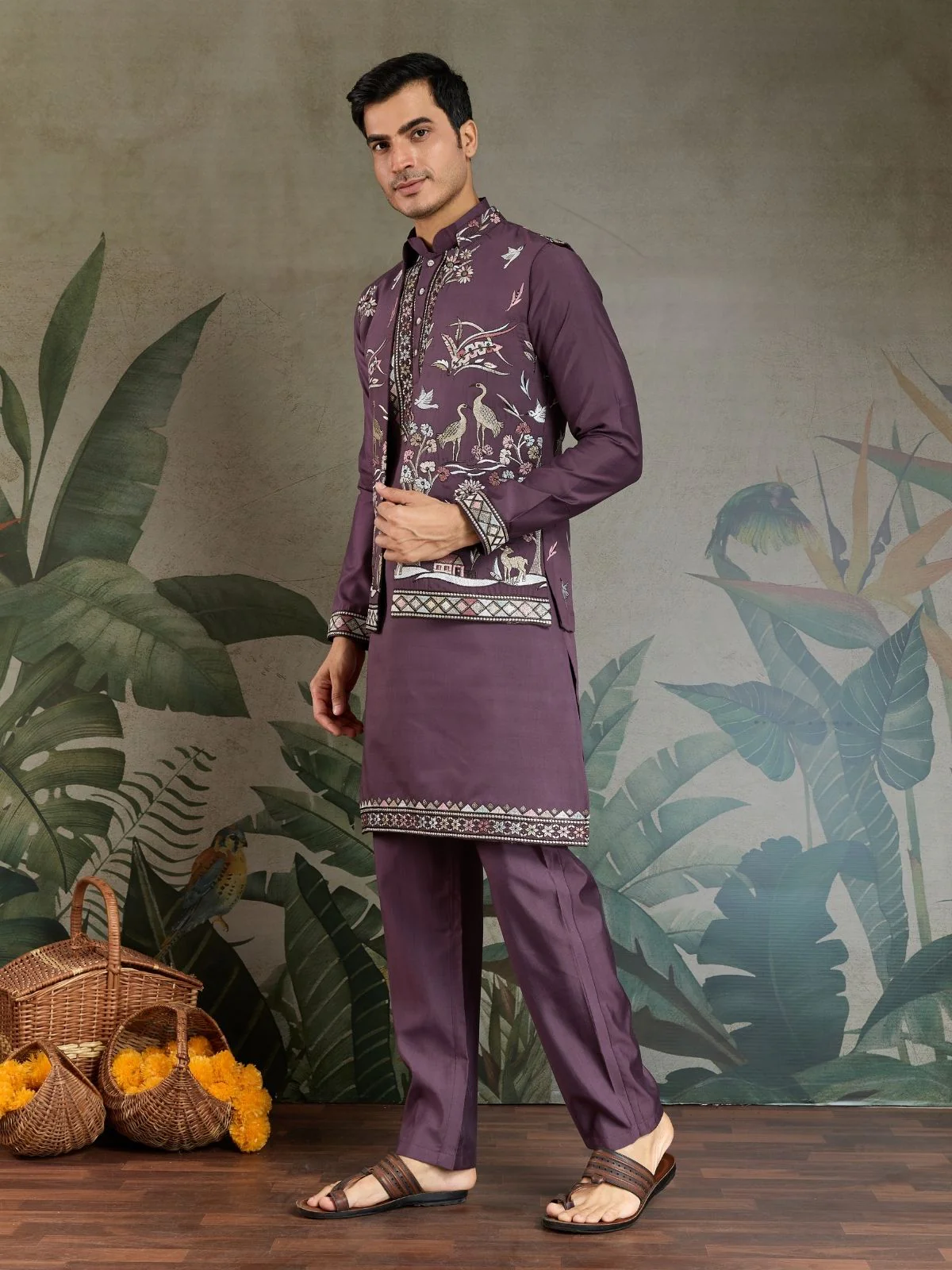 Odette Purple Viscose Silk Embroidered Stitched Kurta Set For Men - Image 3