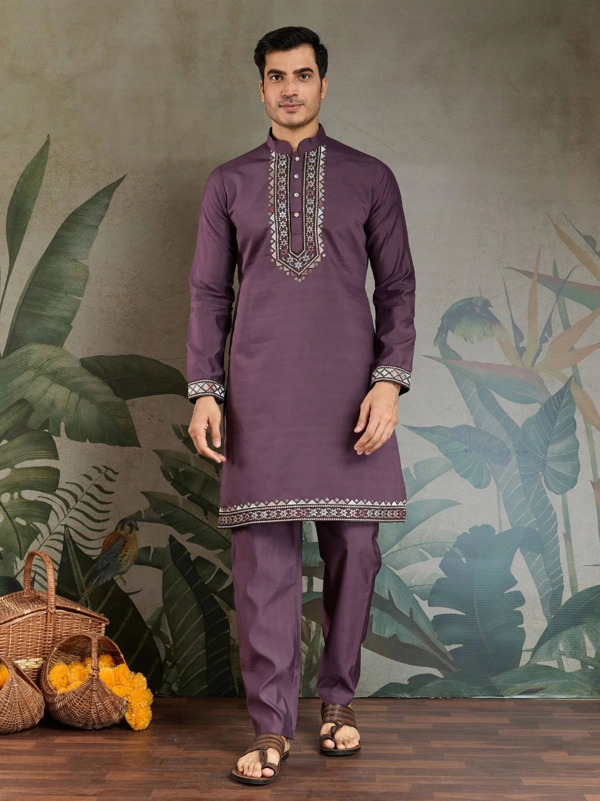 Odette Purple Viscose Silk Embroidered Stitched Kurta Set For Men - Image 6