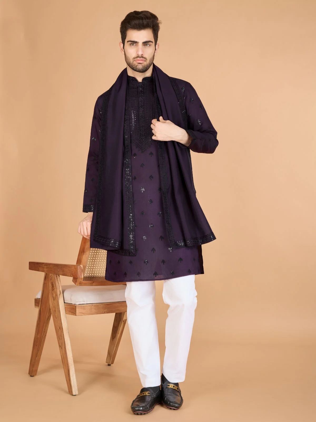 Odette Purple Viscose Silk Sequence Stitched Kurta For Men - Image 3