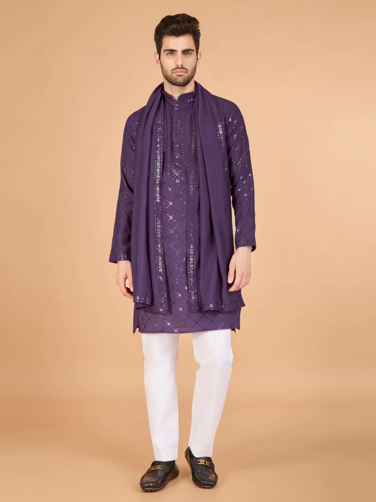 Odette Purple Viscose Silk Sequins Stitched Kurta For Men - Image 2