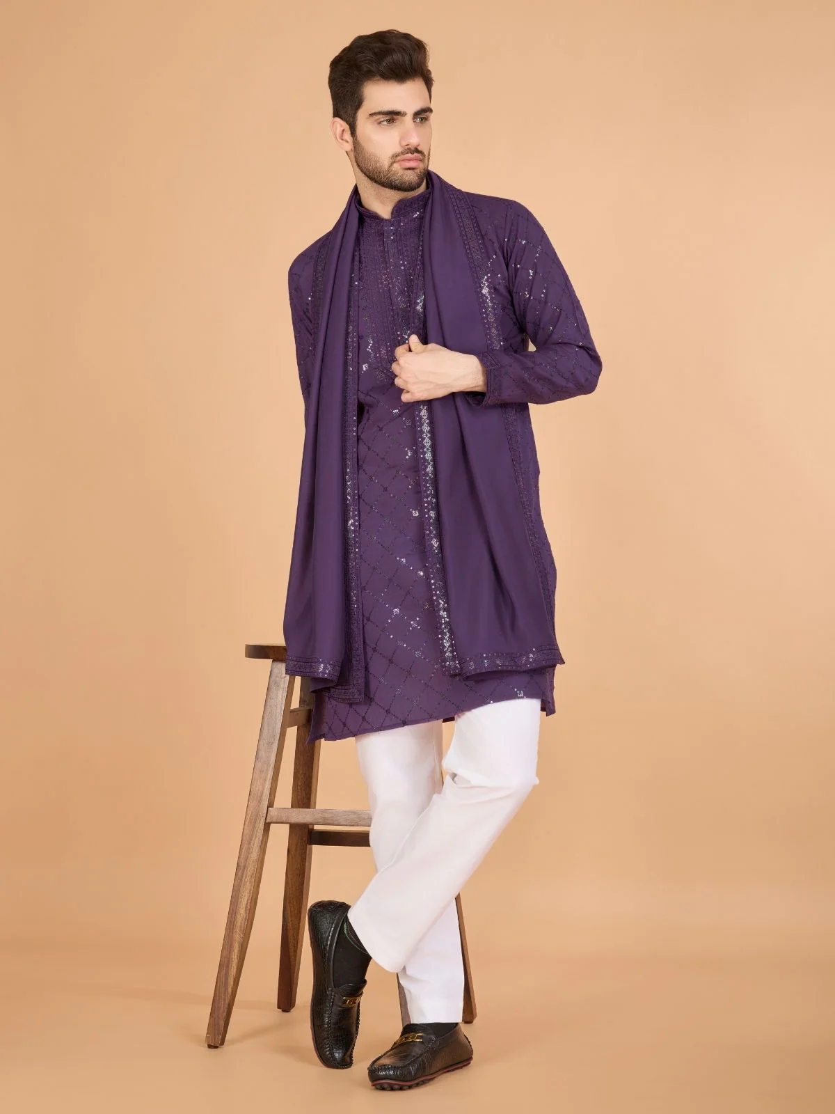 Odette Purple Viscose Silk Sequins Stitched Kurta For Men - Image 3