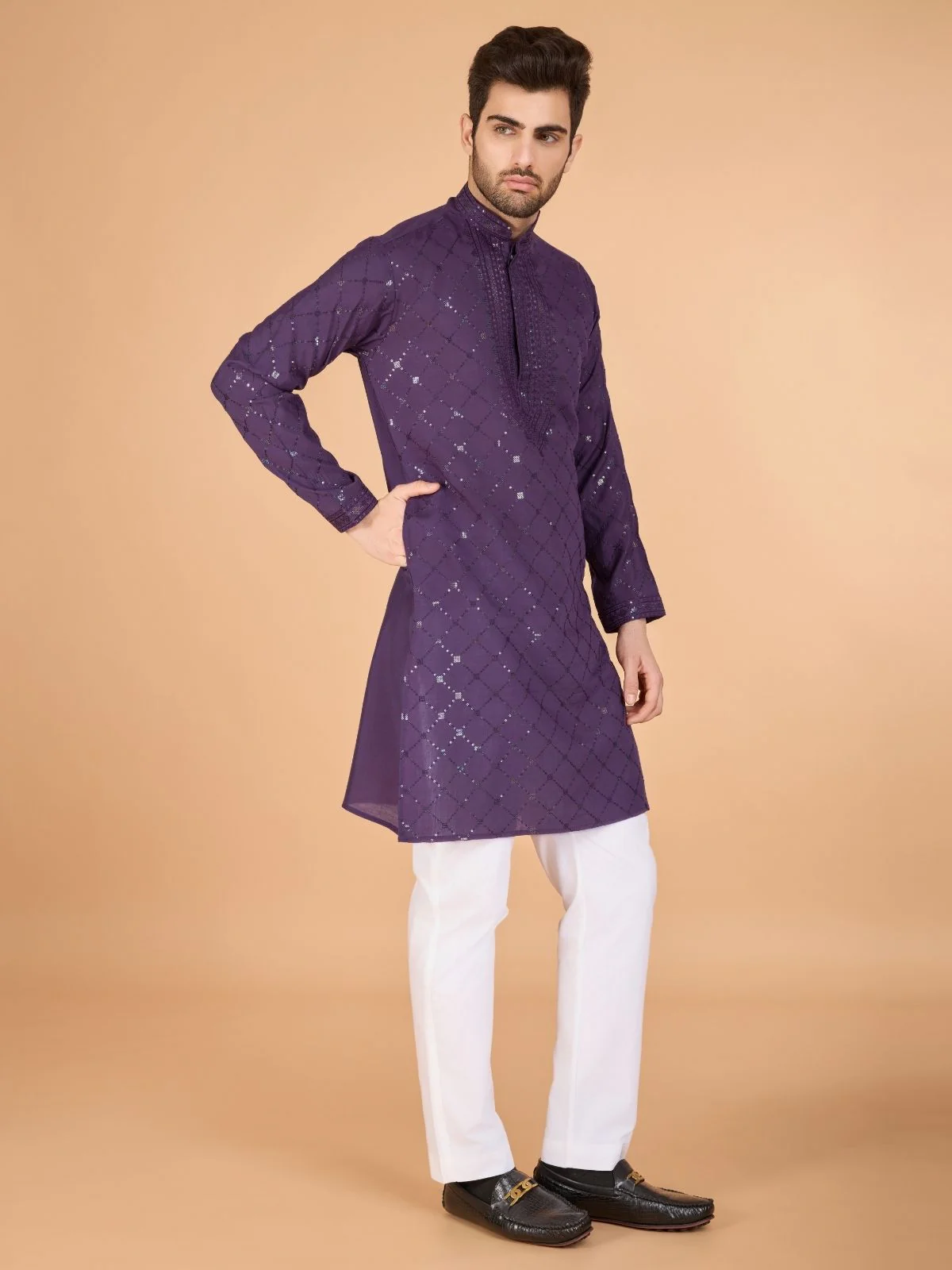 Odette Purple Viscose Silk Sequins Stitched Kurta For Men - Image 4