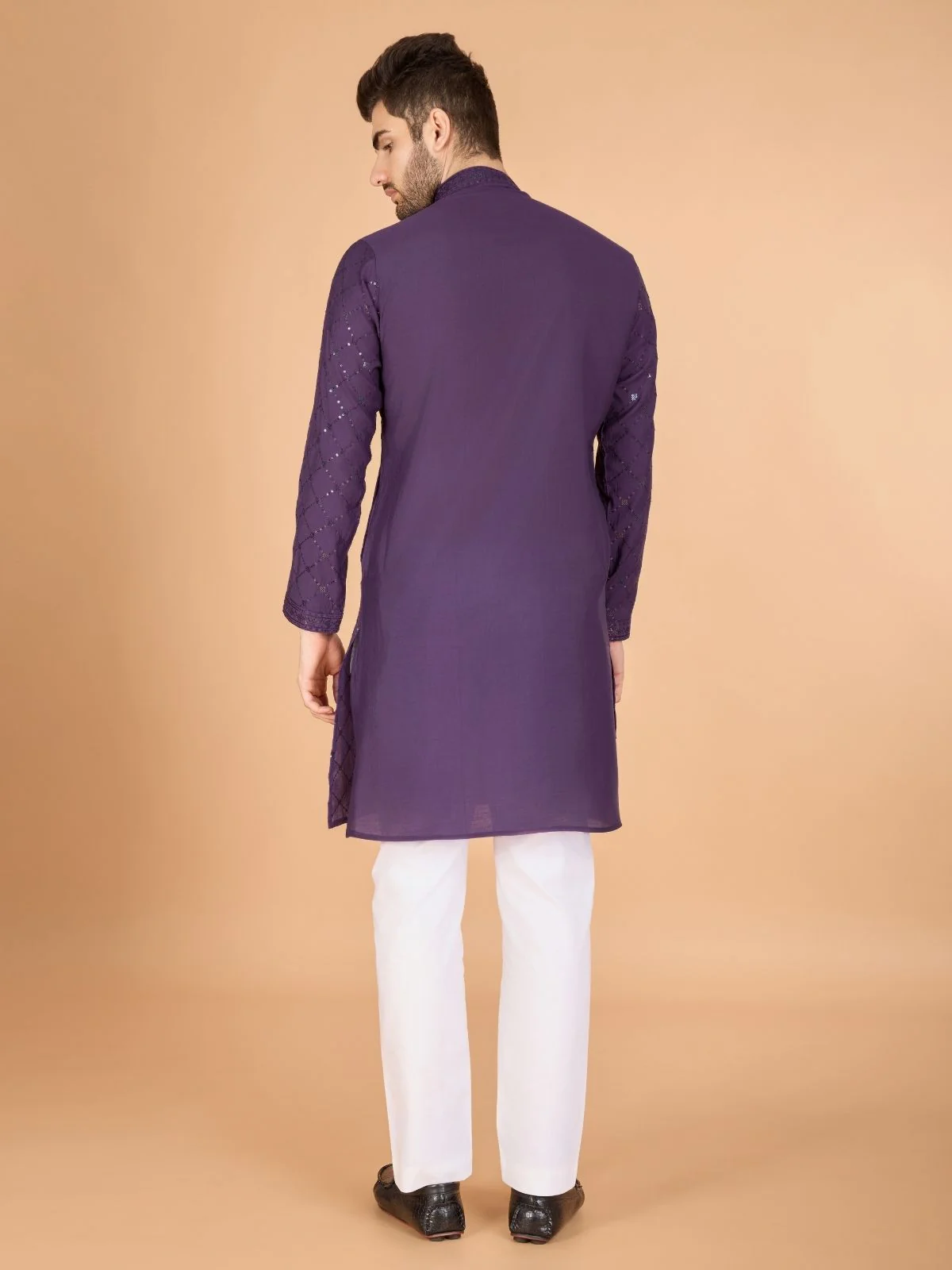 Odette Purple Viscose Silk Sequins Stitched Kurta For Men - Image 5