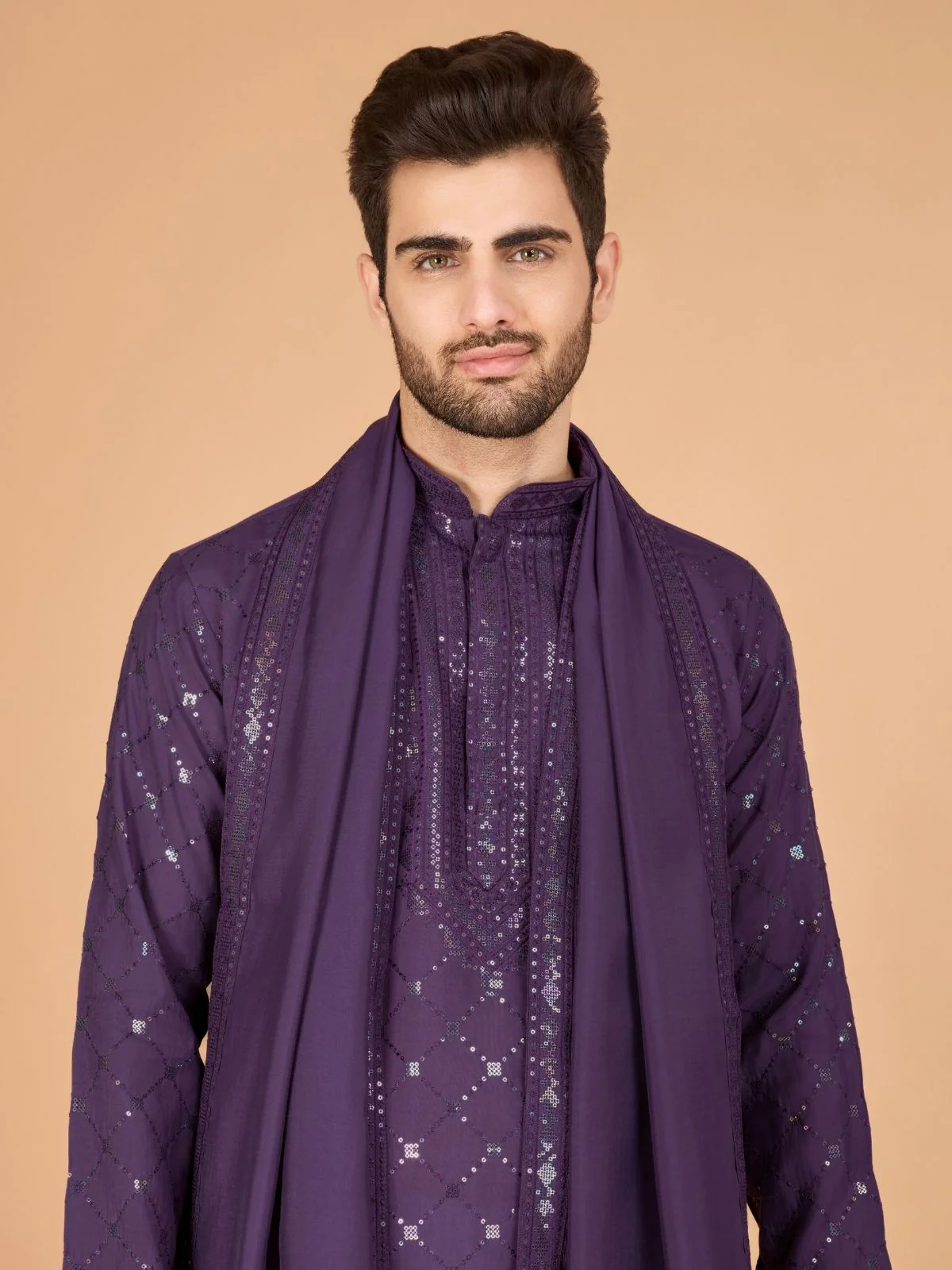 Odette Purple Viscose Silk Sequins Stitched Kurta For Men - Image 6