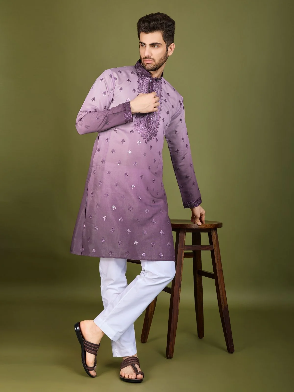 Odette Purple Viscose Silk Sequins Stitched Kurta For Men - Image 2