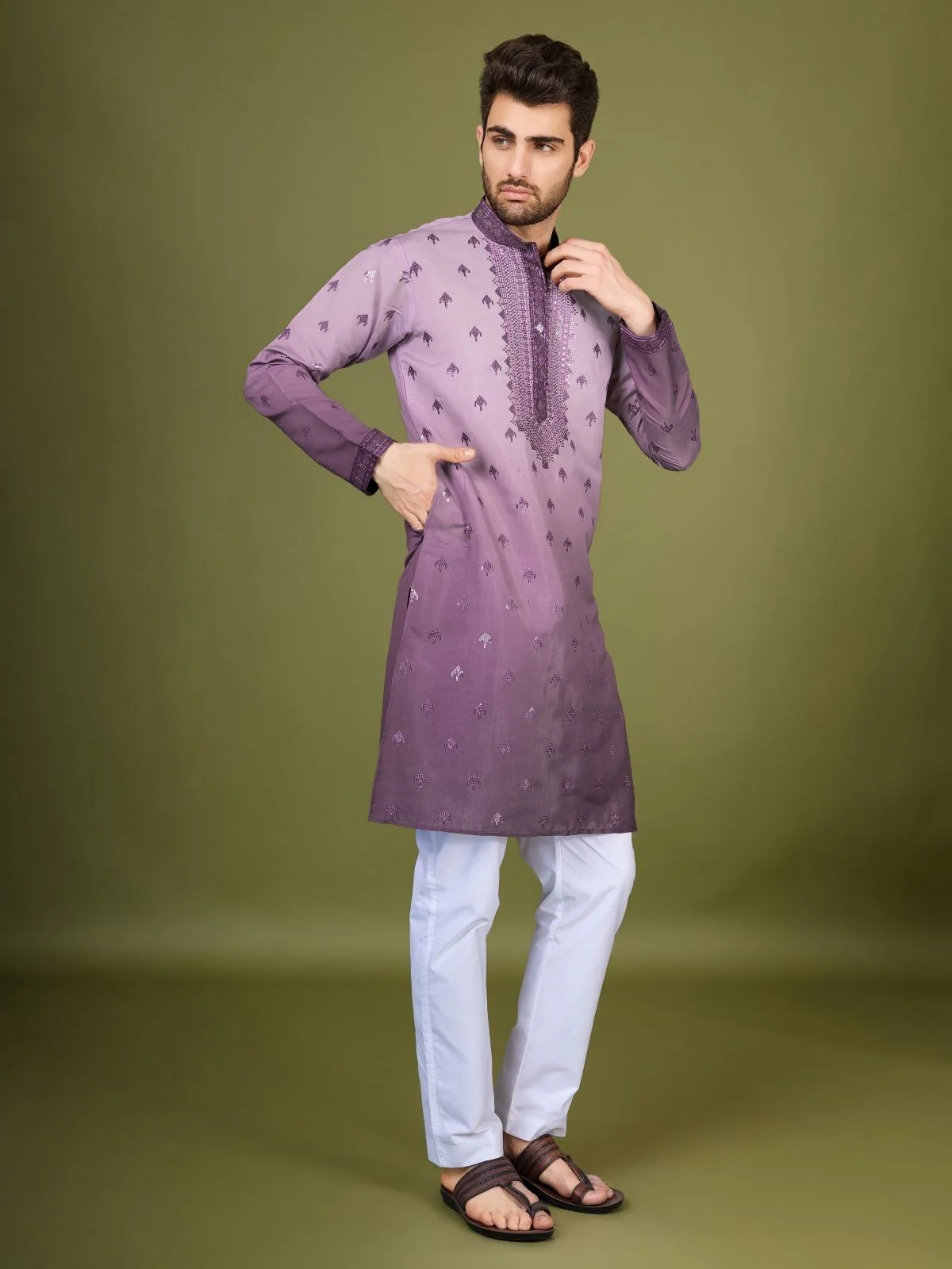Odette Purple Viscose Silk Sequins Stitched Kurta For Men - Image 3