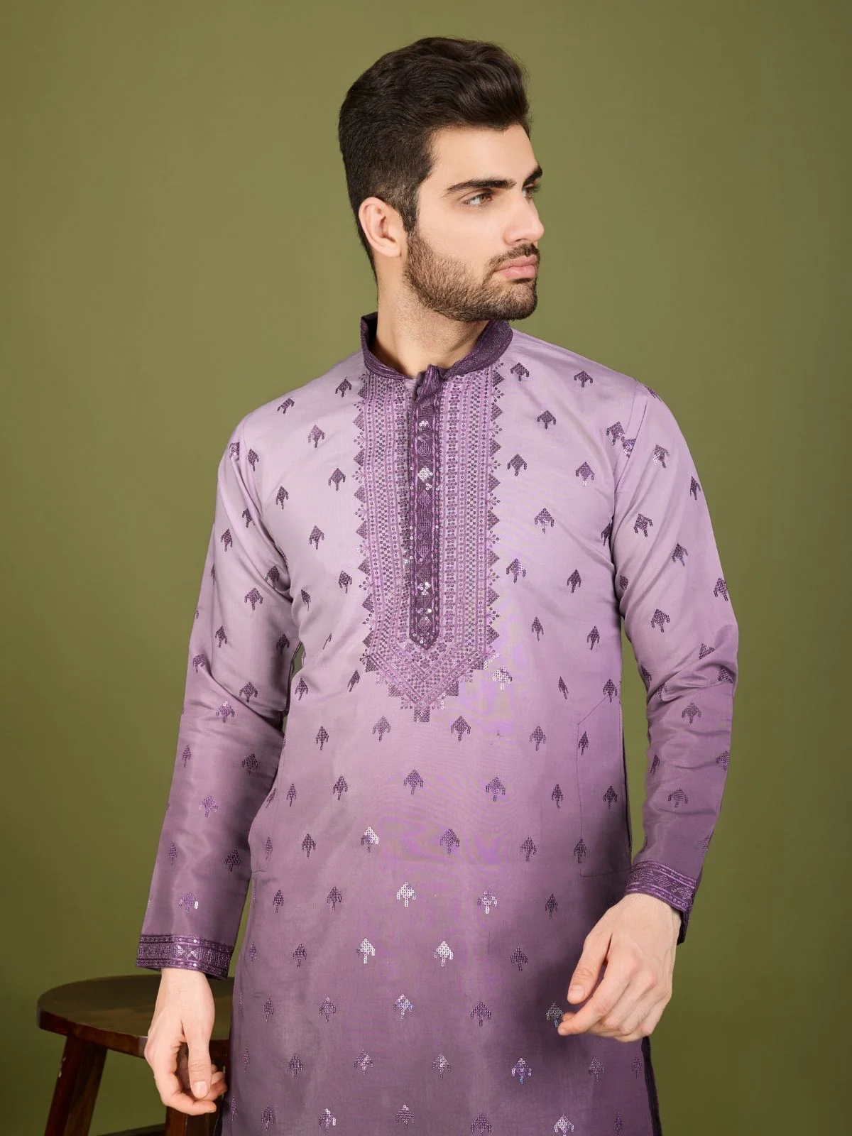 Odette Purple Viscose Silk Sequins Stitched Kurta For Men - Image 5
