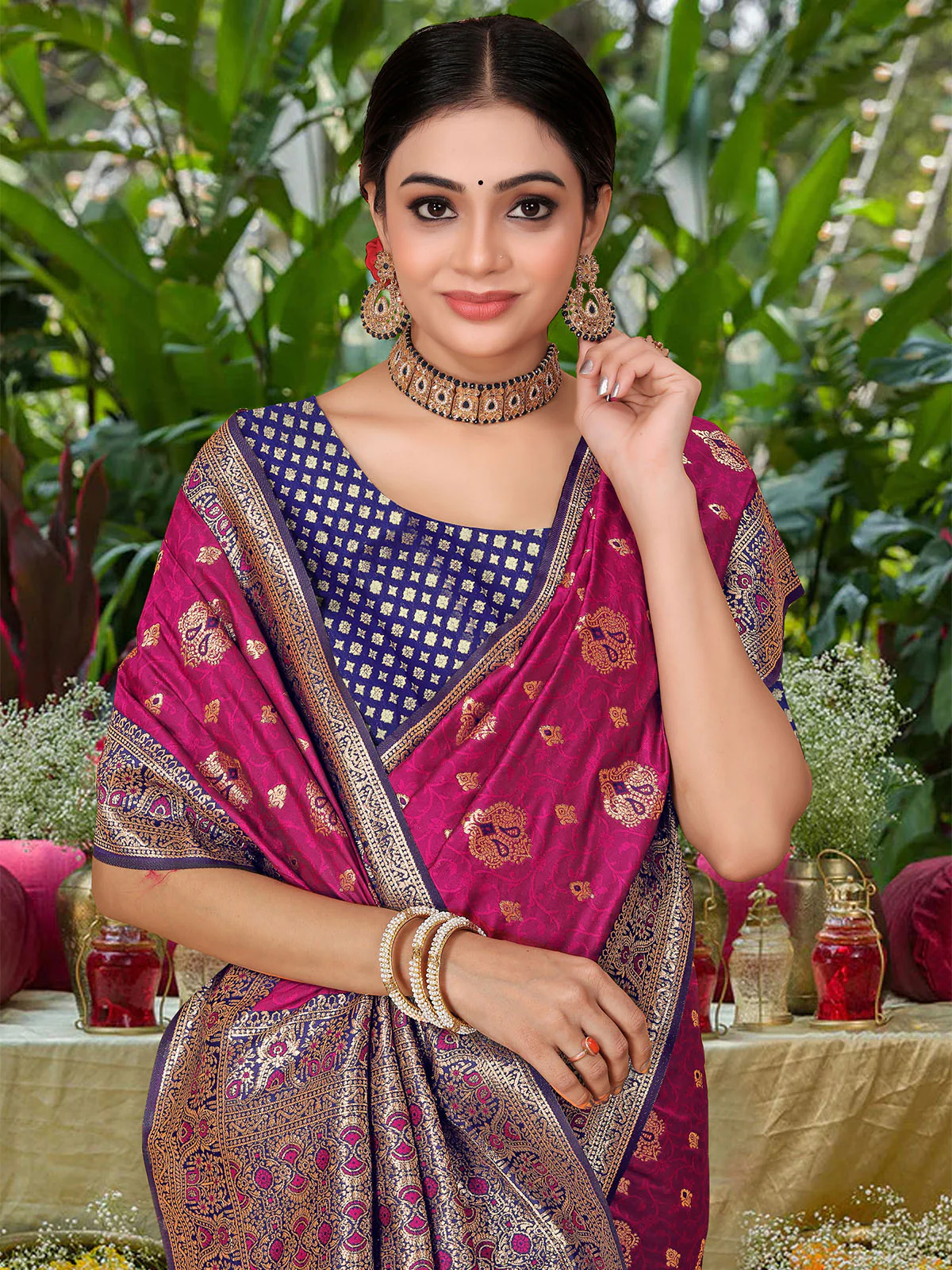 Odette Purple Woven Banarasi Silk Saree With Unstitched Blouse For Women - Image 4