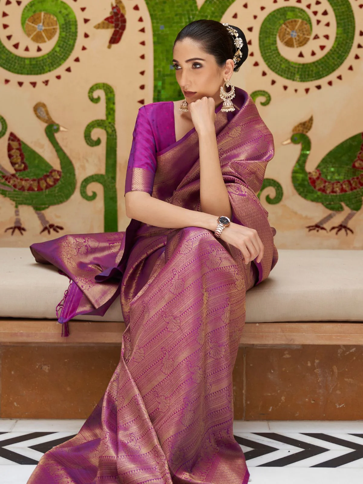 Odette Purple Woven Design Silk Blend Saree With Unstitched Blouse For Women - Image 2