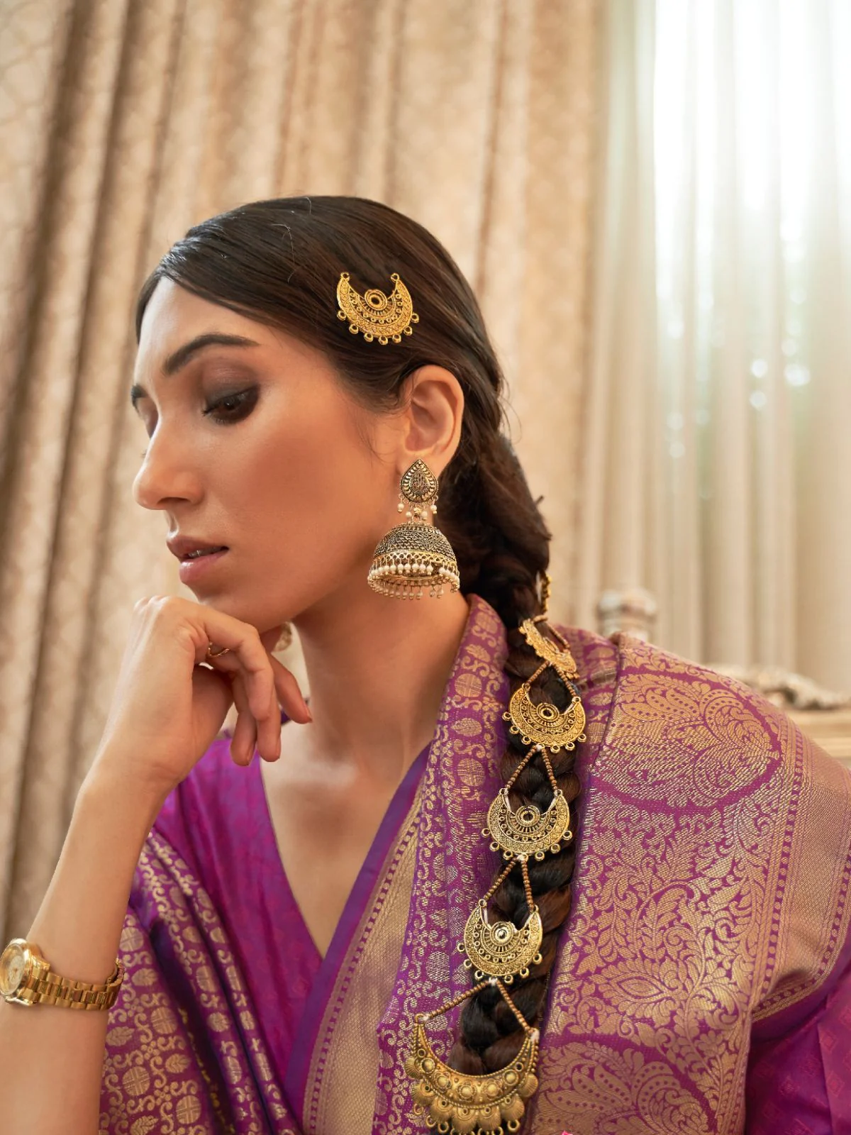 Odette Purple Woven Design Silk Blend Saree With Unstitched Blouse For Women - Image 2