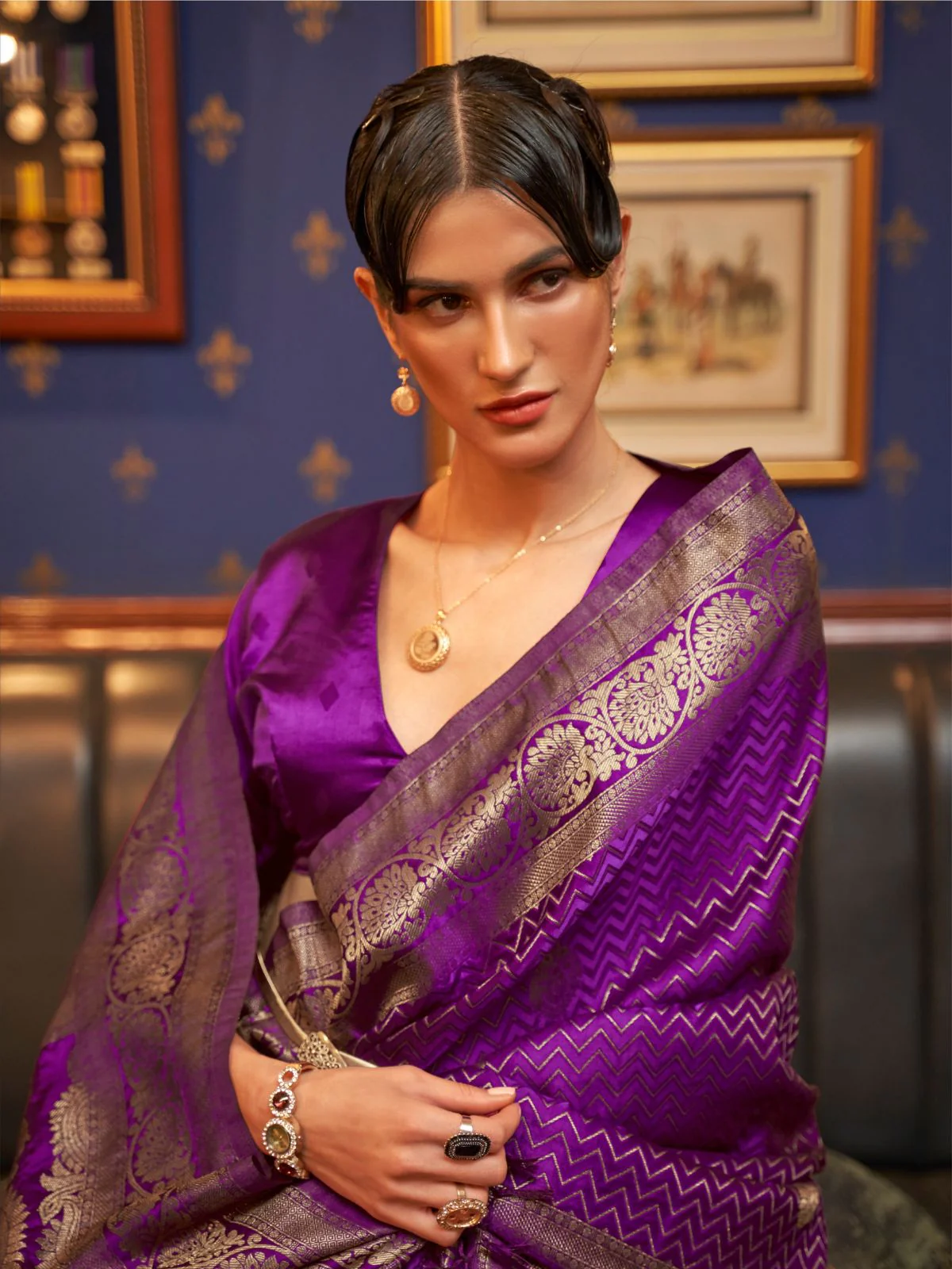Odette Purple Woven Design Silk Blend Saree With Unstitched Blouse For Women - Image 3