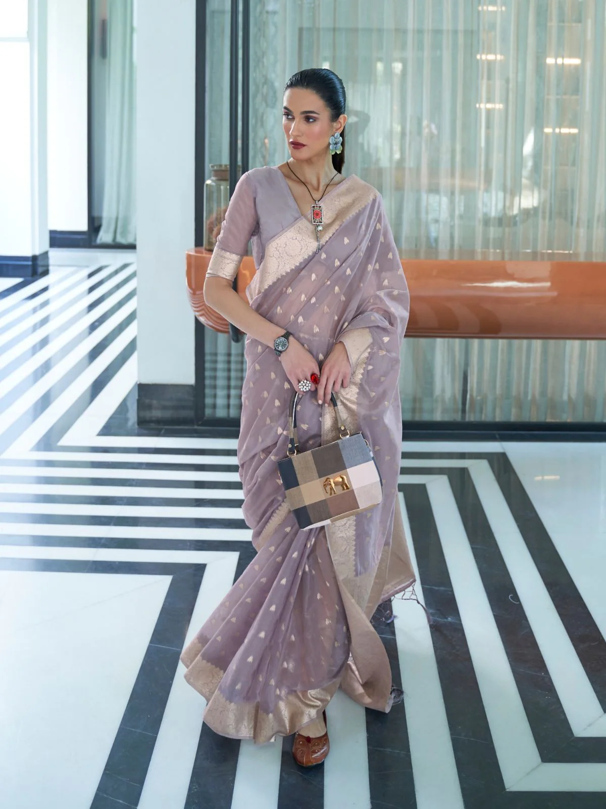 Odette Purple Woven Design Silk Blend Saree With Unstitched Blouse For Women - Image 2