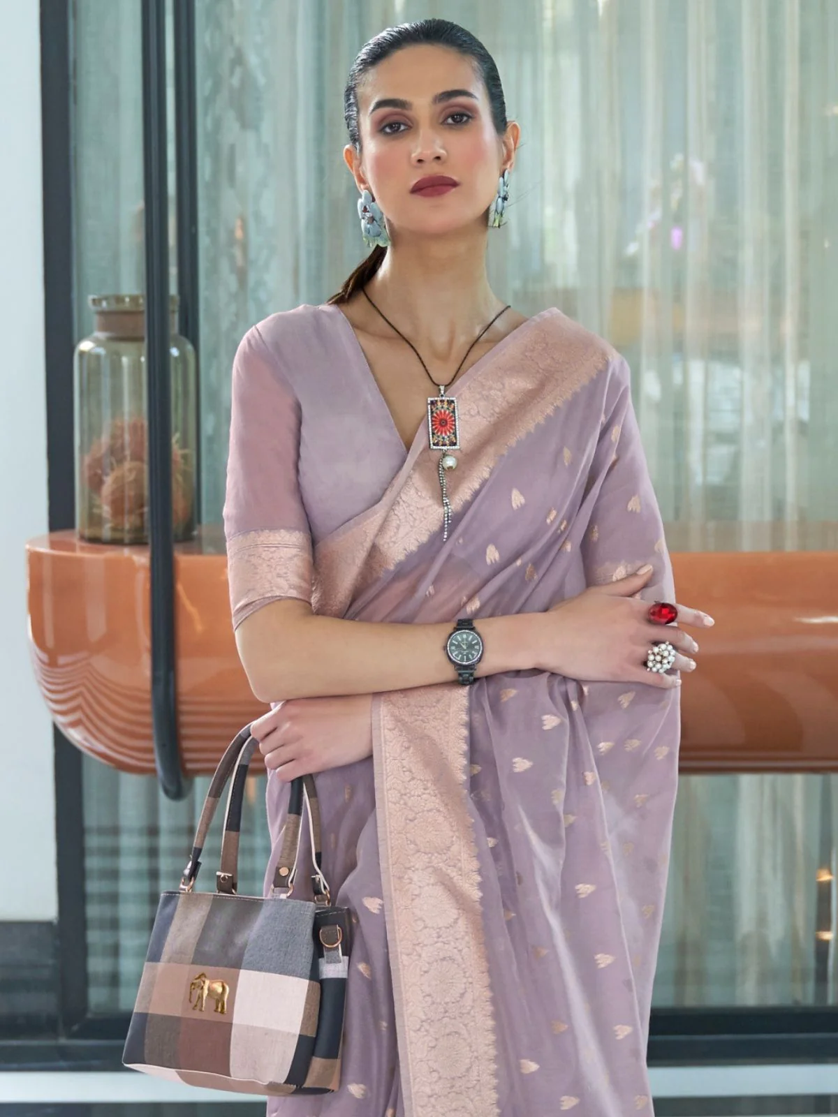 Odette Purple Woven Design Silk Blend Saree With Unstitched Blouse For Women - Image 3