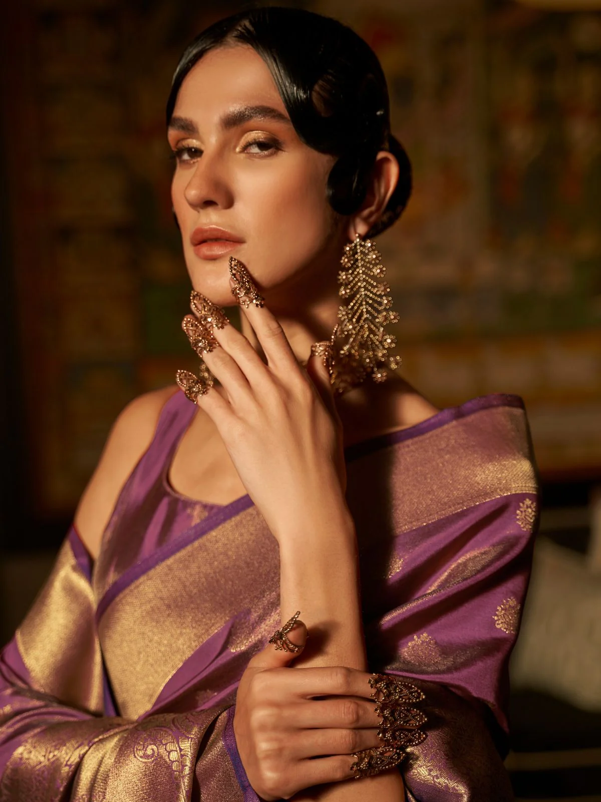 Odette Purple Woven Design Silk Blend Saree With Unstitched Blouse For Women - Image 2
