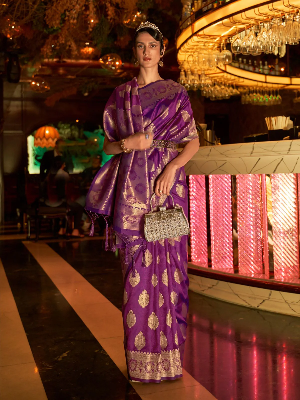 Odette Purple Woven Design Silk Blend Saree With Unstitched Blouse For Women - Image 2