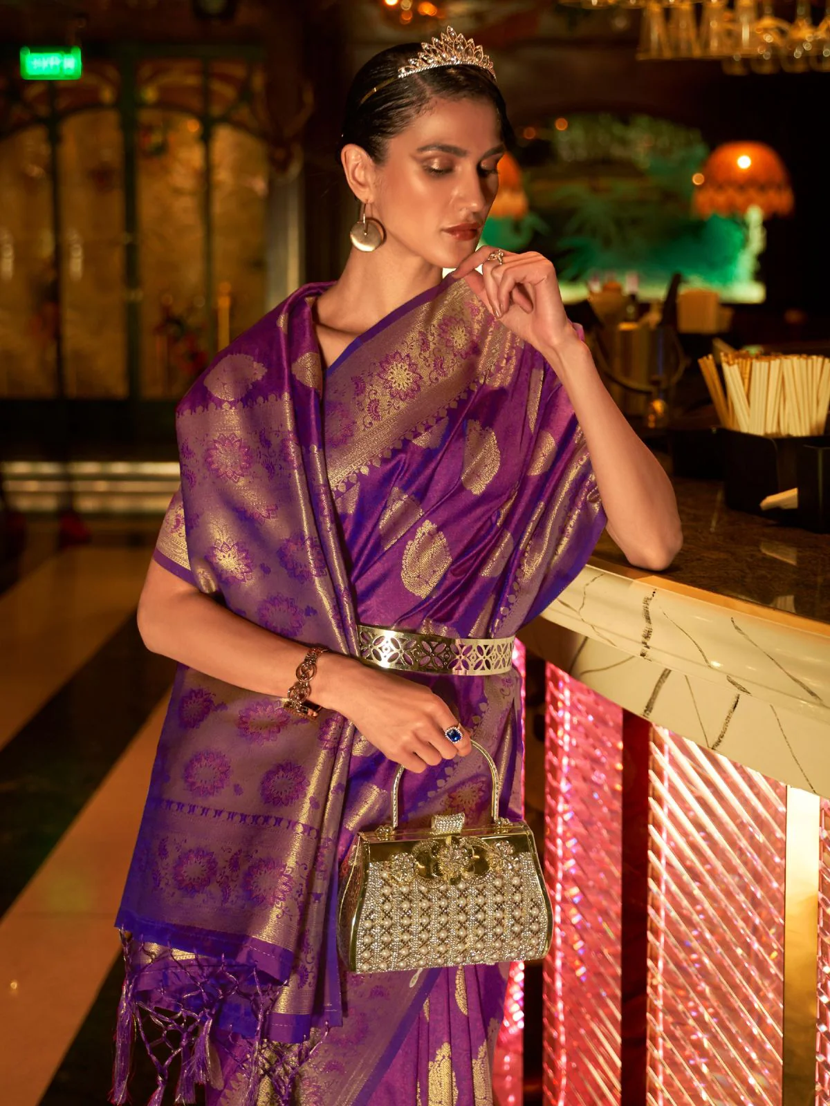 Odette Purple Woven Design Silk Blend Saree With Unstitched Blouse For Women - Image 3