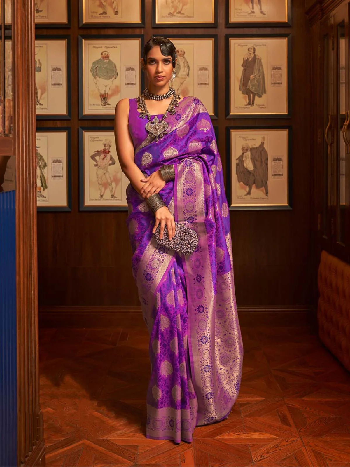 Odette Purple Woven Design Silk Blend Saree With Unstitched Blouse For Women - Image 2