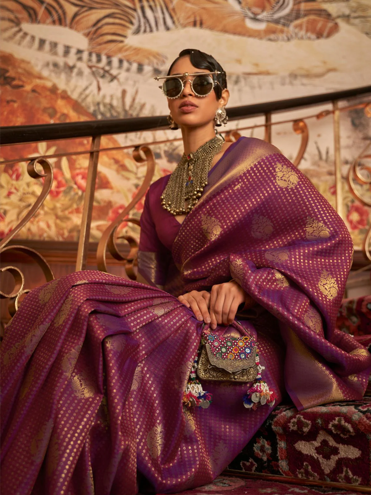 Odette Purple Woven Design Silk Blend Saree With Unstitched Blouse For Women - Image 2