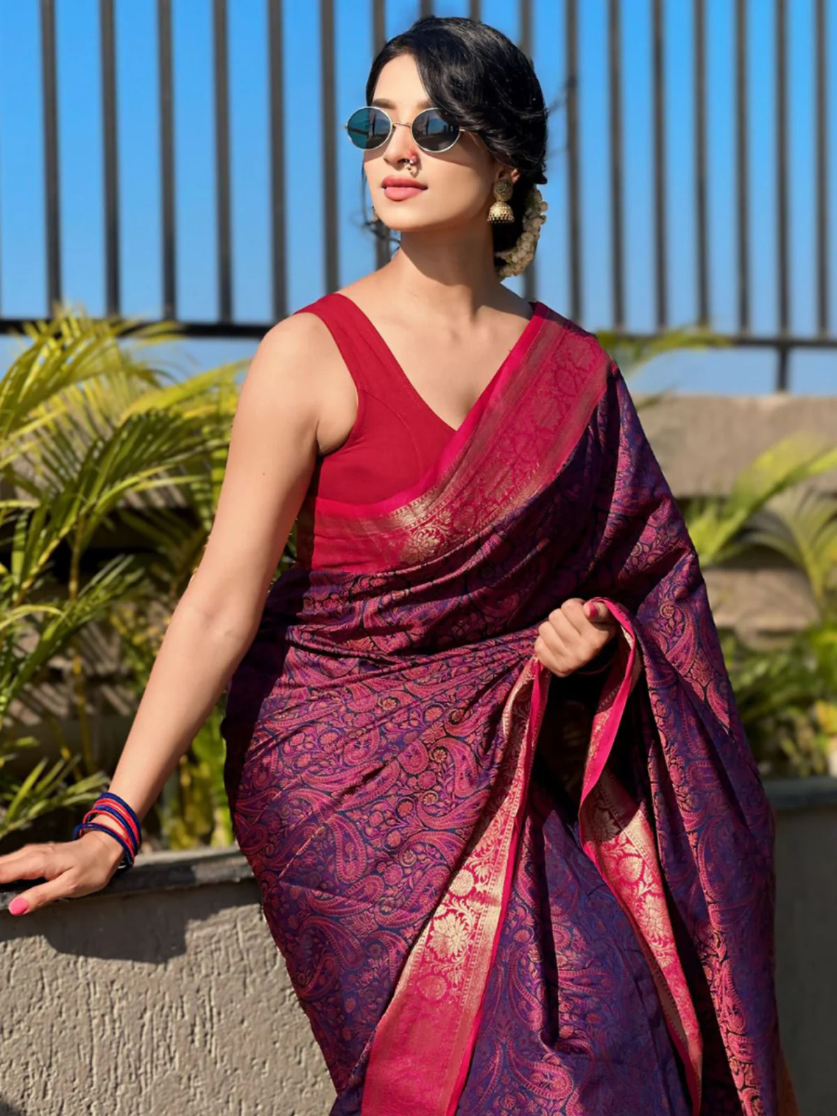 Odette Purple Woven Design Silk Blend Saree With Unstitched Blouse For Women - Image 2