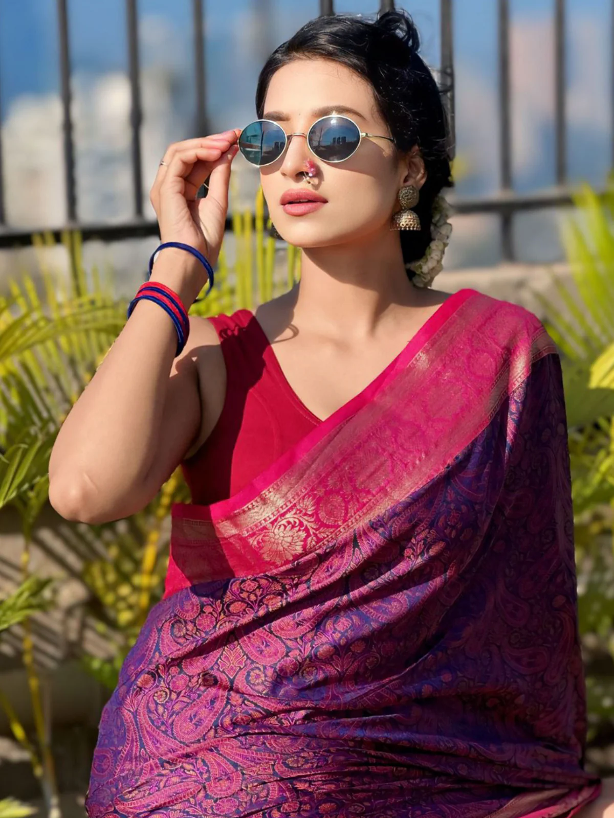 Odette Purple Woven Design Silk Blend Saree With Unstitched Blouse For Women - Image 4