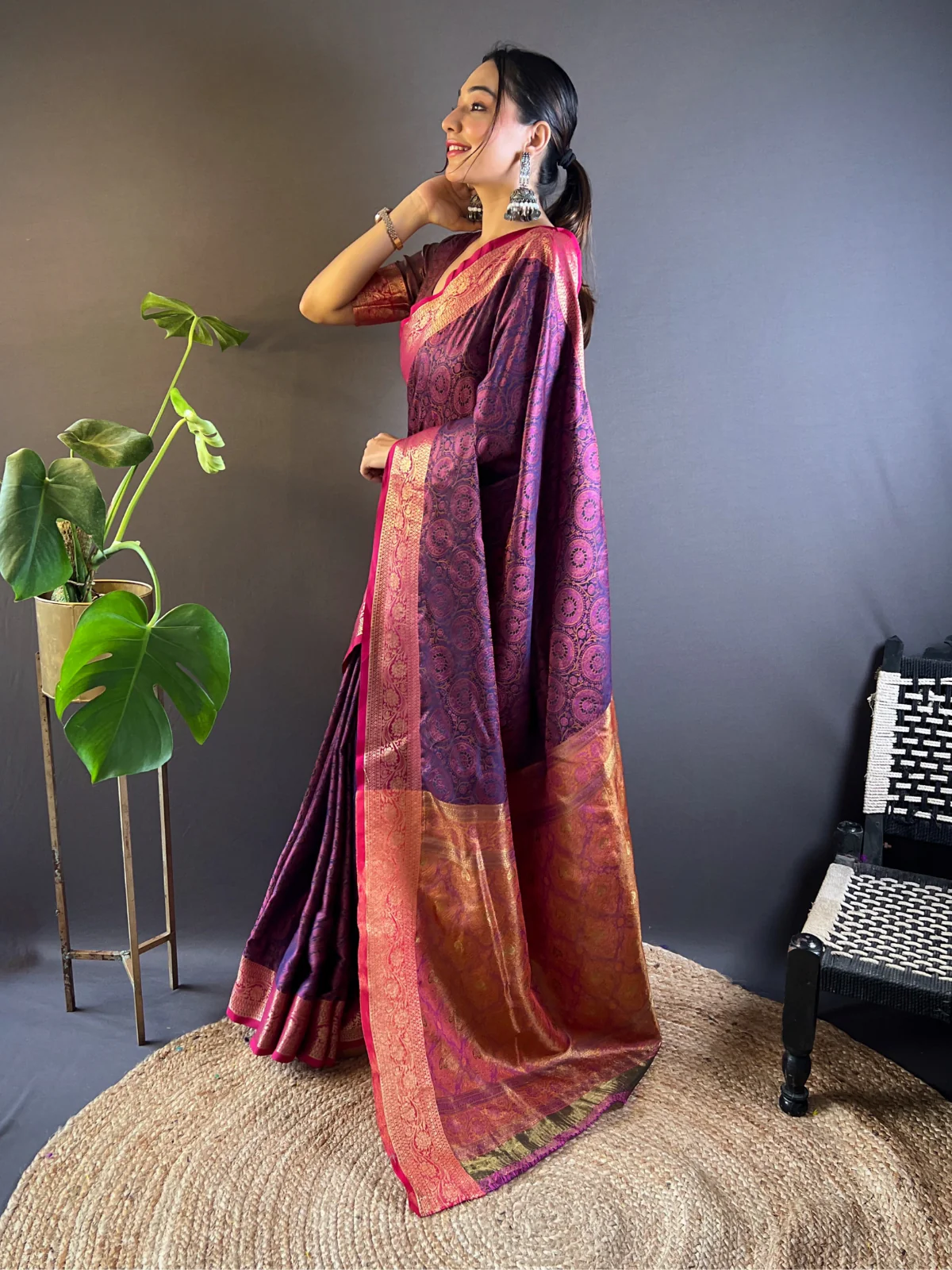 Odette Purple Woven Design Silk Blend Saree With Unstitched Blouse For Women - Image 2