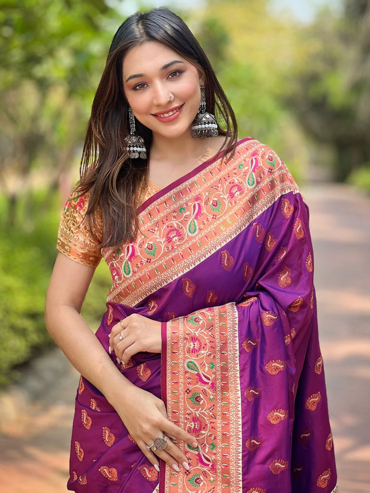 Odette Purple Woven Design Silk Blend Saree With Unstitched Blouse For Women - Image 3