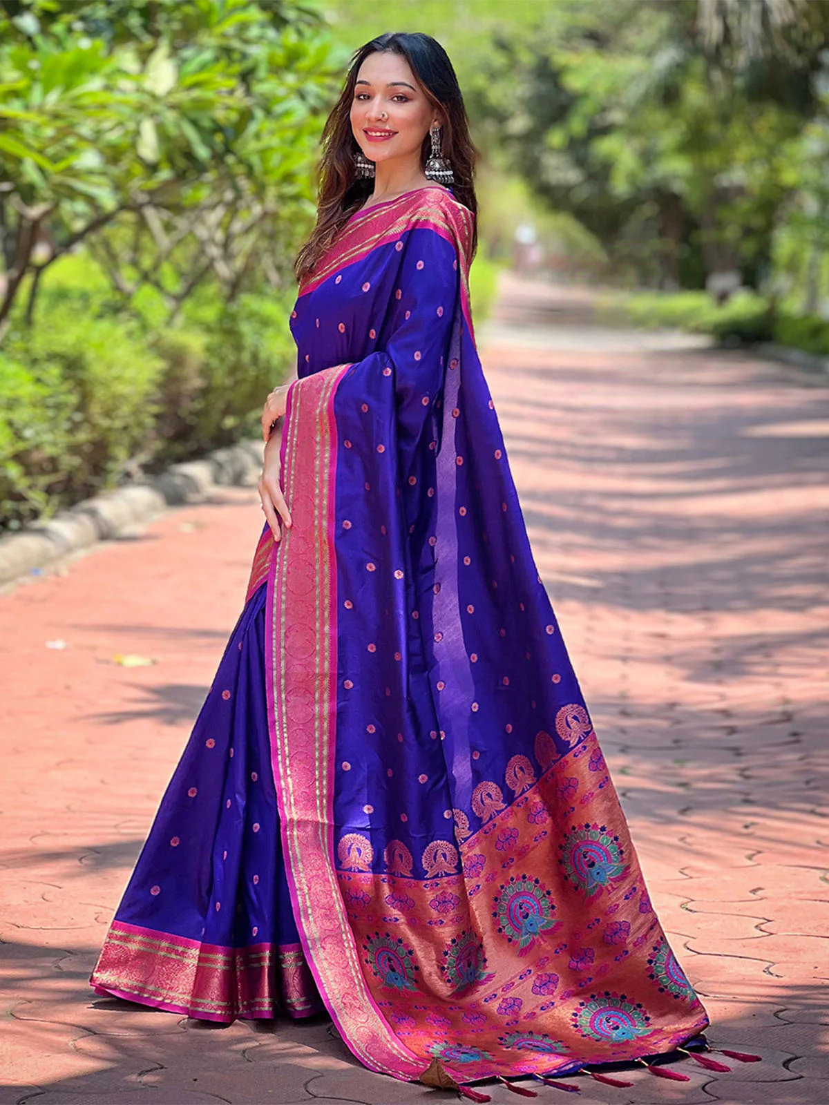 Odette Purple Woven Design Silk Blend Saree With Unstitched Blouse For Women - Image 2