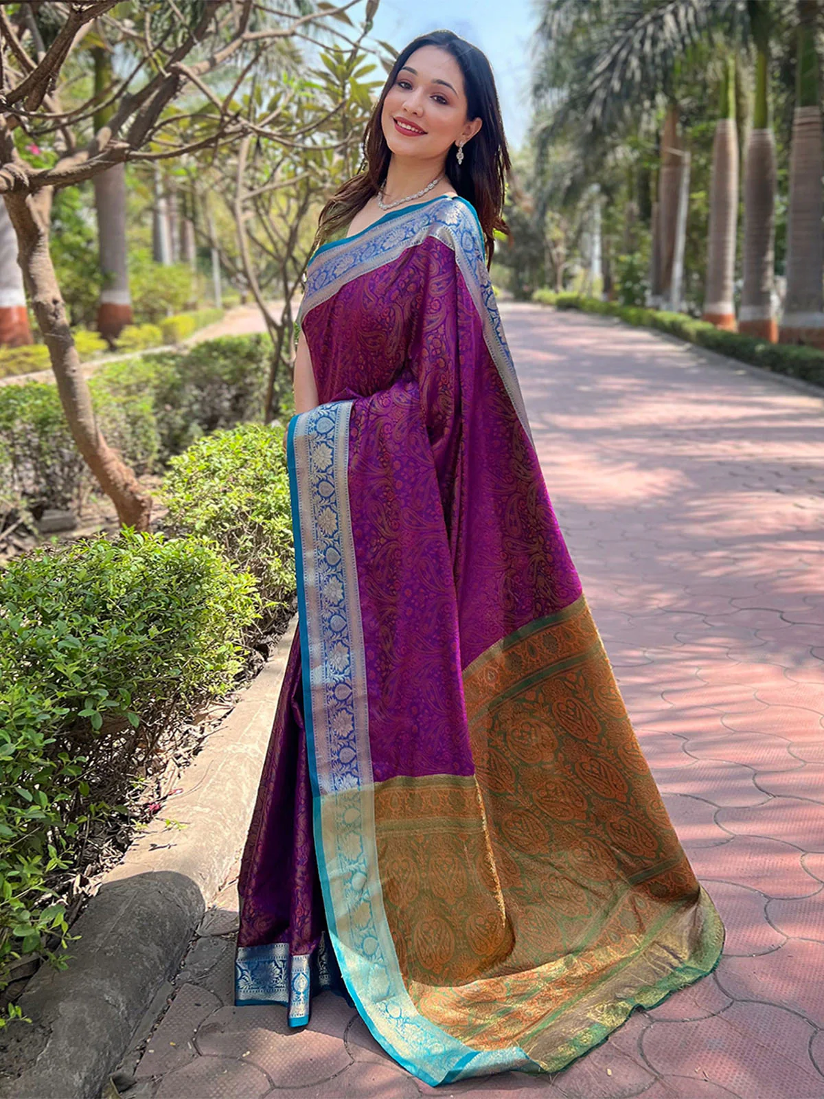 Odette Purple Woven Design Silk Blend Saree With Unstitched Blouse For Women - Image 2