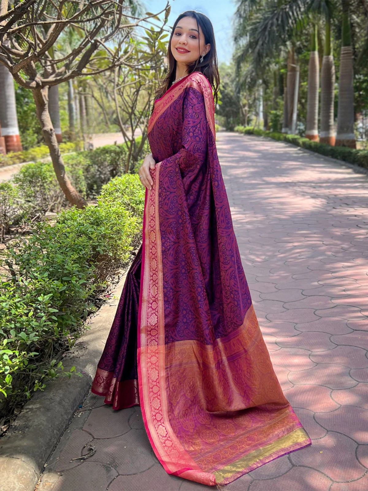 Odette Purple Woven Design Silk Blend Saree With Unstitched Blouse For Women - Image 2