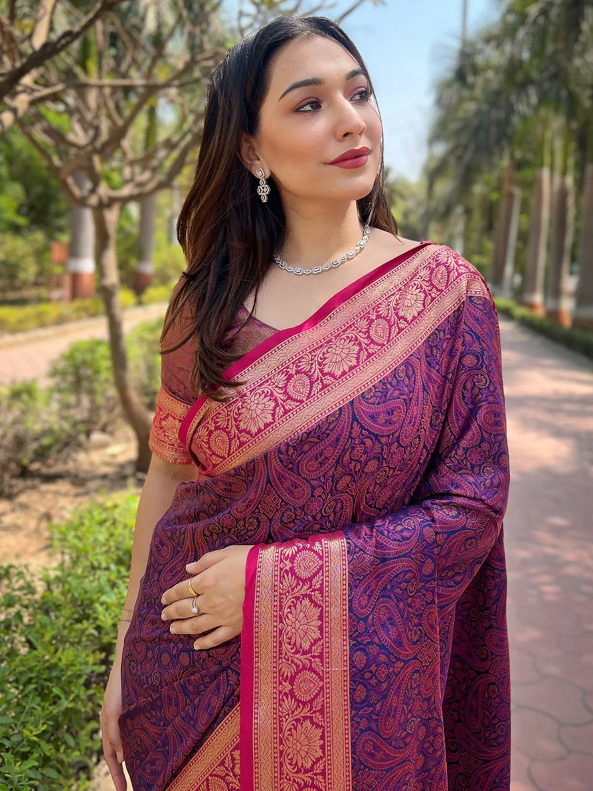 Odette Purple Woven Design Silk Blend Saree With Unstitched Blouse For Women - Image 3