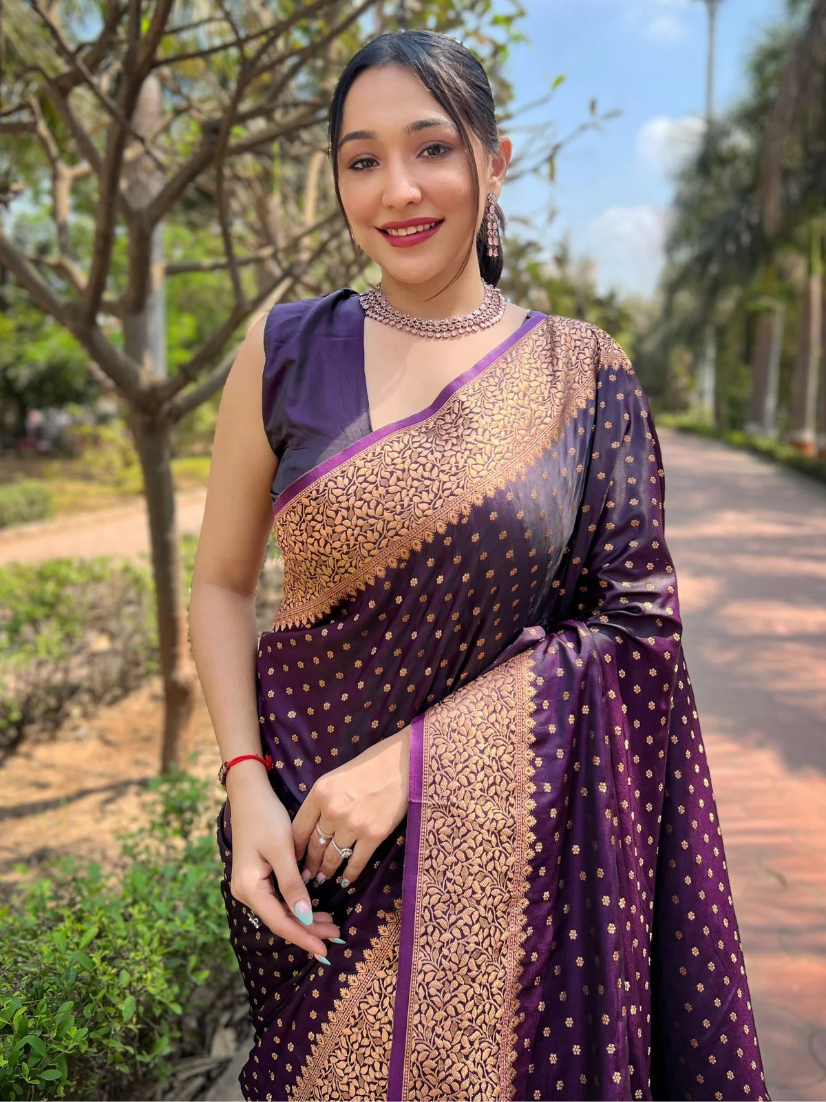 Odette Purple Woven Design Silk Blend Saree With Unstitched Blouse For Women - Image 3
