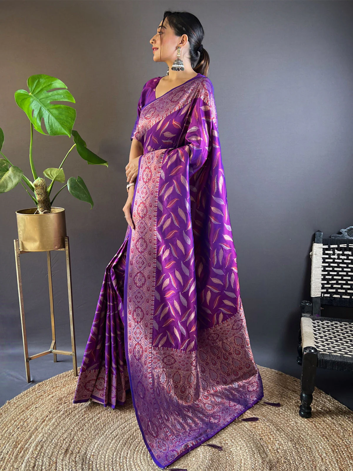 Odette Purple Woven Design Soft Silk Saree With Unstitched Blouse For Women - Image 2