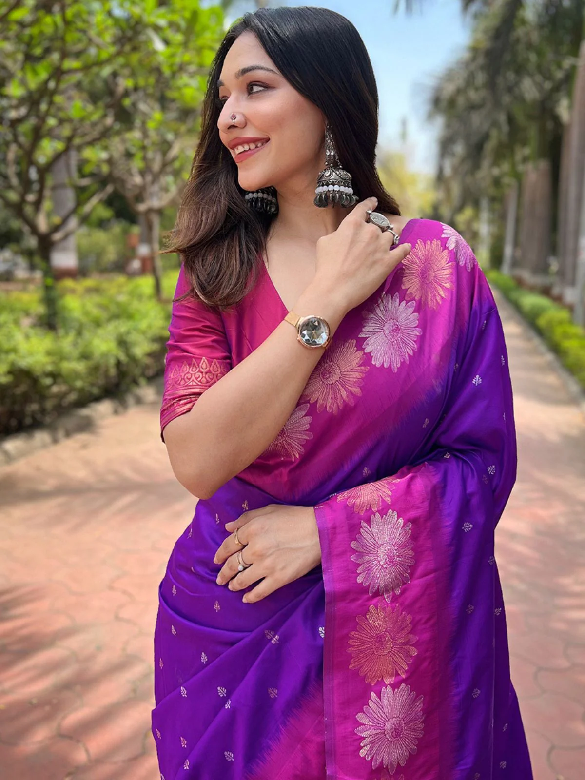 Odette Purple Woven Design Soft Silk Saree With Unstitched Blouse For Women - Image 3